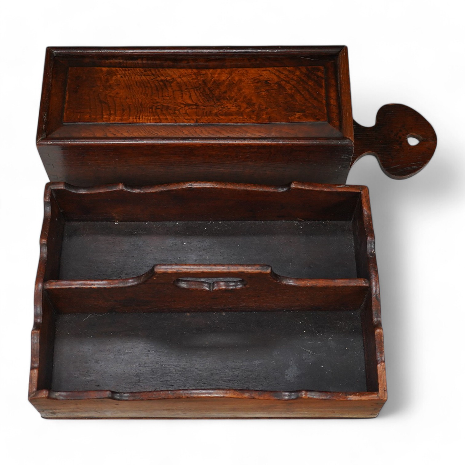 A George III mahogany cutlery tray, together with an oak hanging candle box, largest 48cm high. Condition - fair to good